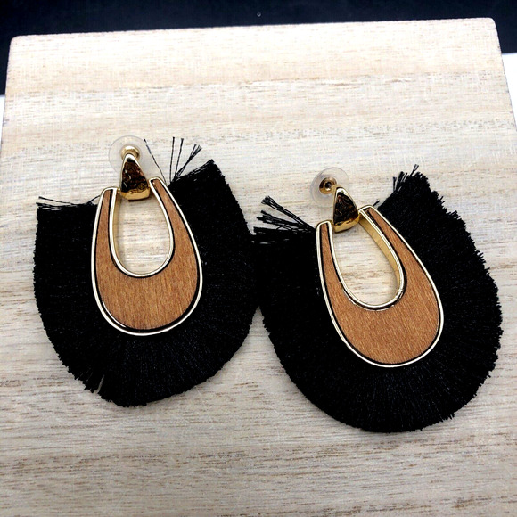 Fringe Earrings Wood Inlay Black Fiber Door knocker Gold Tone Studs - Picture 2 of 7